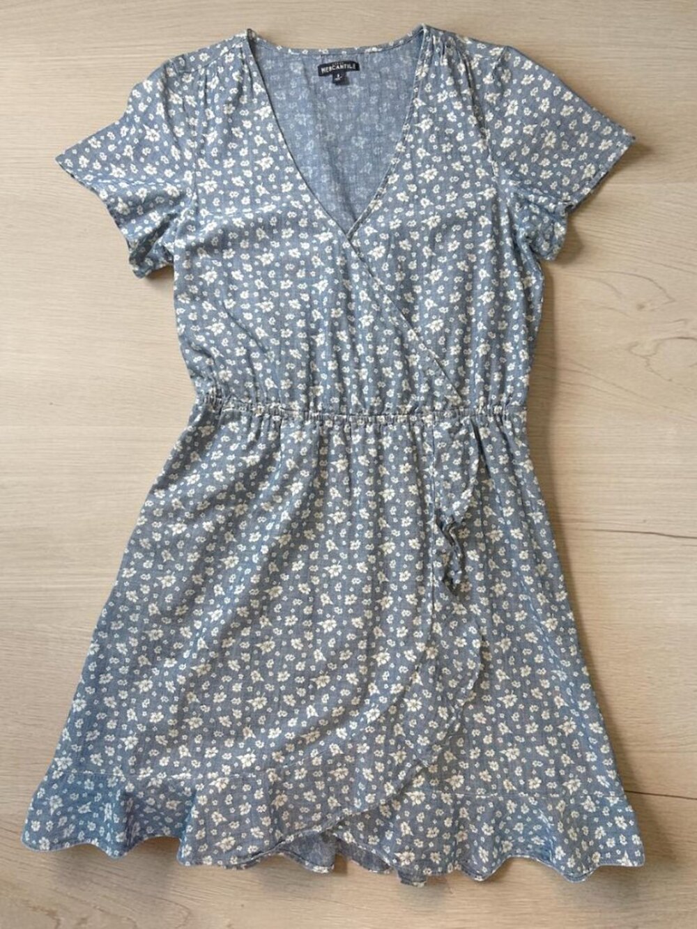J. Crew Mercantile blue chambray floral print faux wrap dress